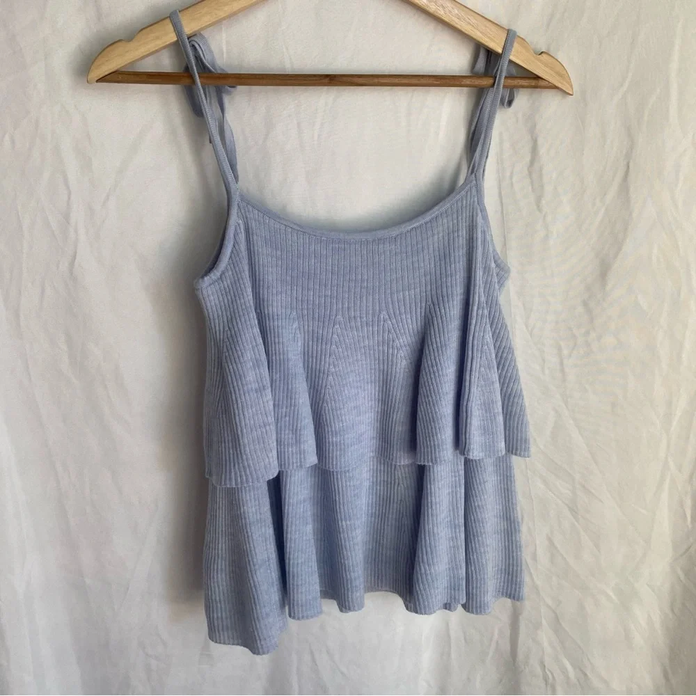J. Crew Blue 100% Merino Wool Knit Ruffle Top Size Small Tie Straps